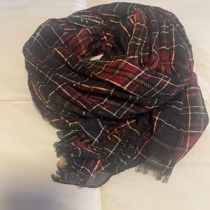 Tartan plaid wrap by Patricia Nash, lightweight oversized scarf with fringe